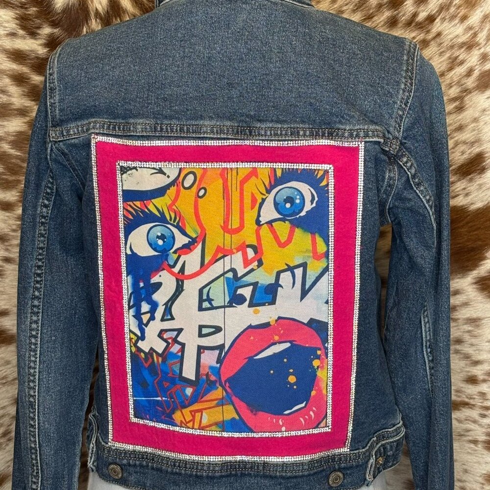 Pink Art Deco Graffiti Eye Catching Rhinestone accent UpCycled Jean jacket- S